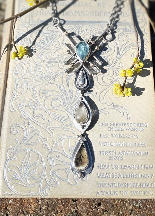 Aqua kyanite,golden rutile and scenic agate necklace