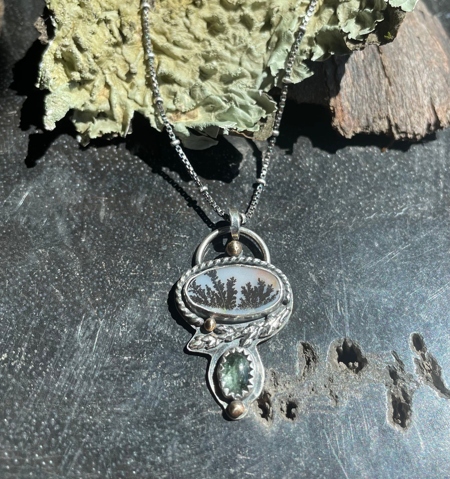 Scenic agate, & tourmaline nature pendant