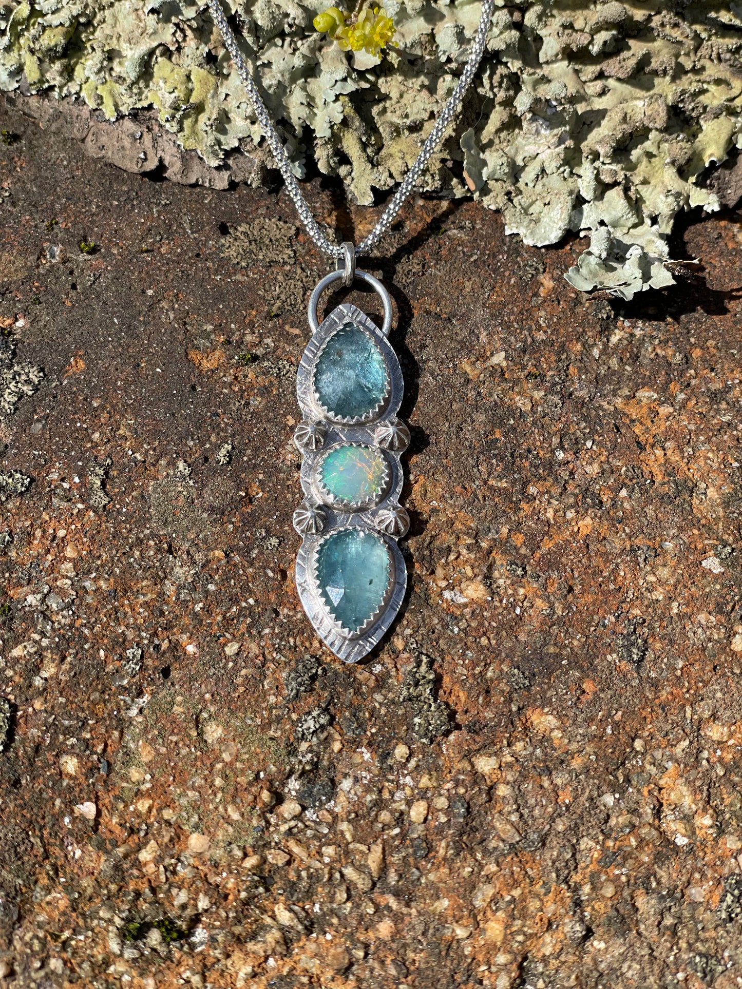 ￼ Aqua kyanite & Ethiopian opal pendant necklace