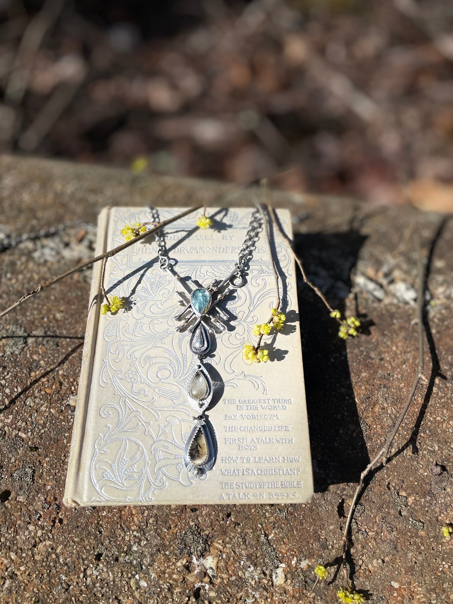 Aqua kyanite,golden rutile and scenic agate necklace