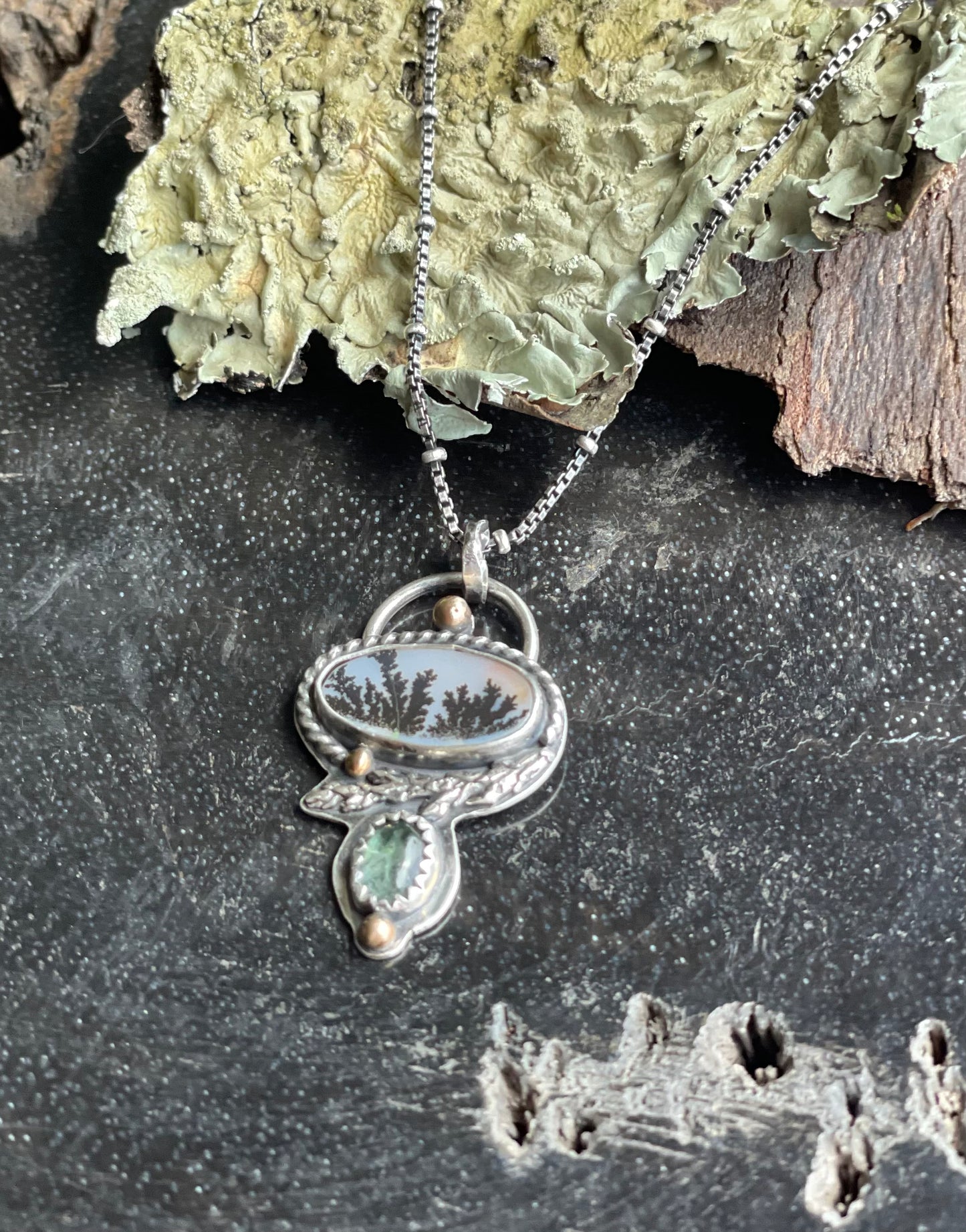 Scenic agate, & tourmaline nature pendant