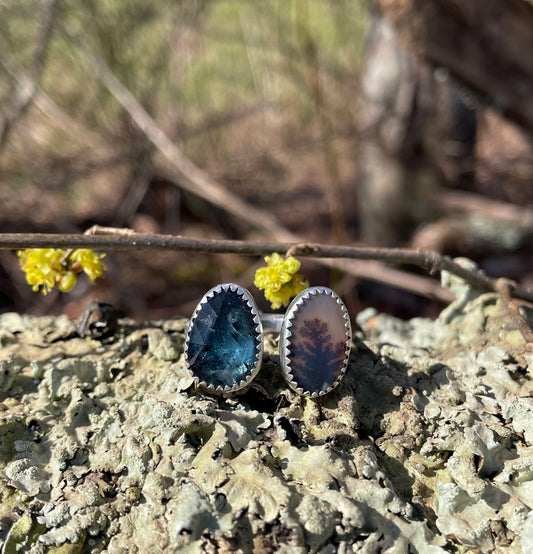 Teal Kyanite and scenic agate ring size 8