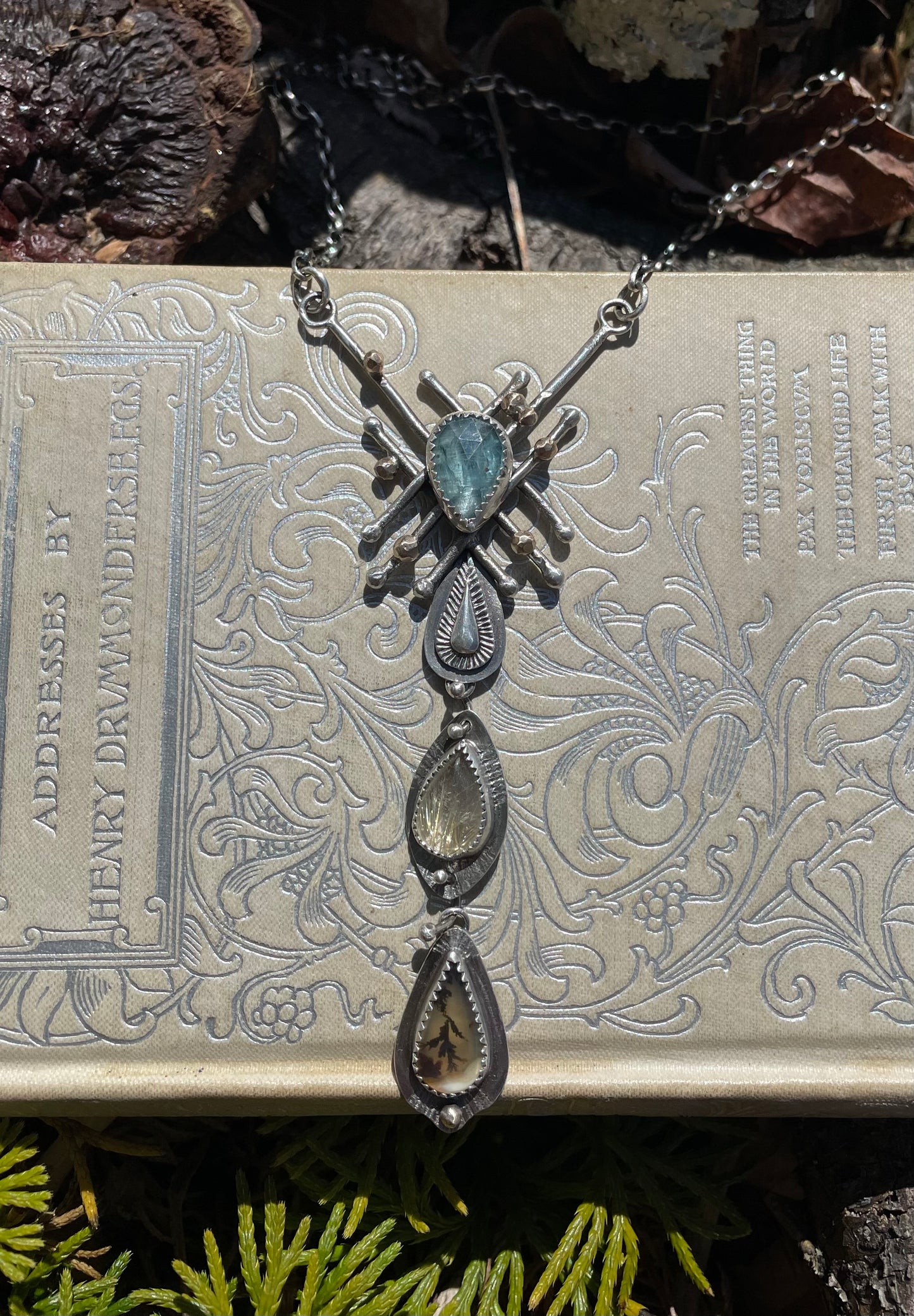 Aqua kyanite,golden rutile and scenic agate necklace