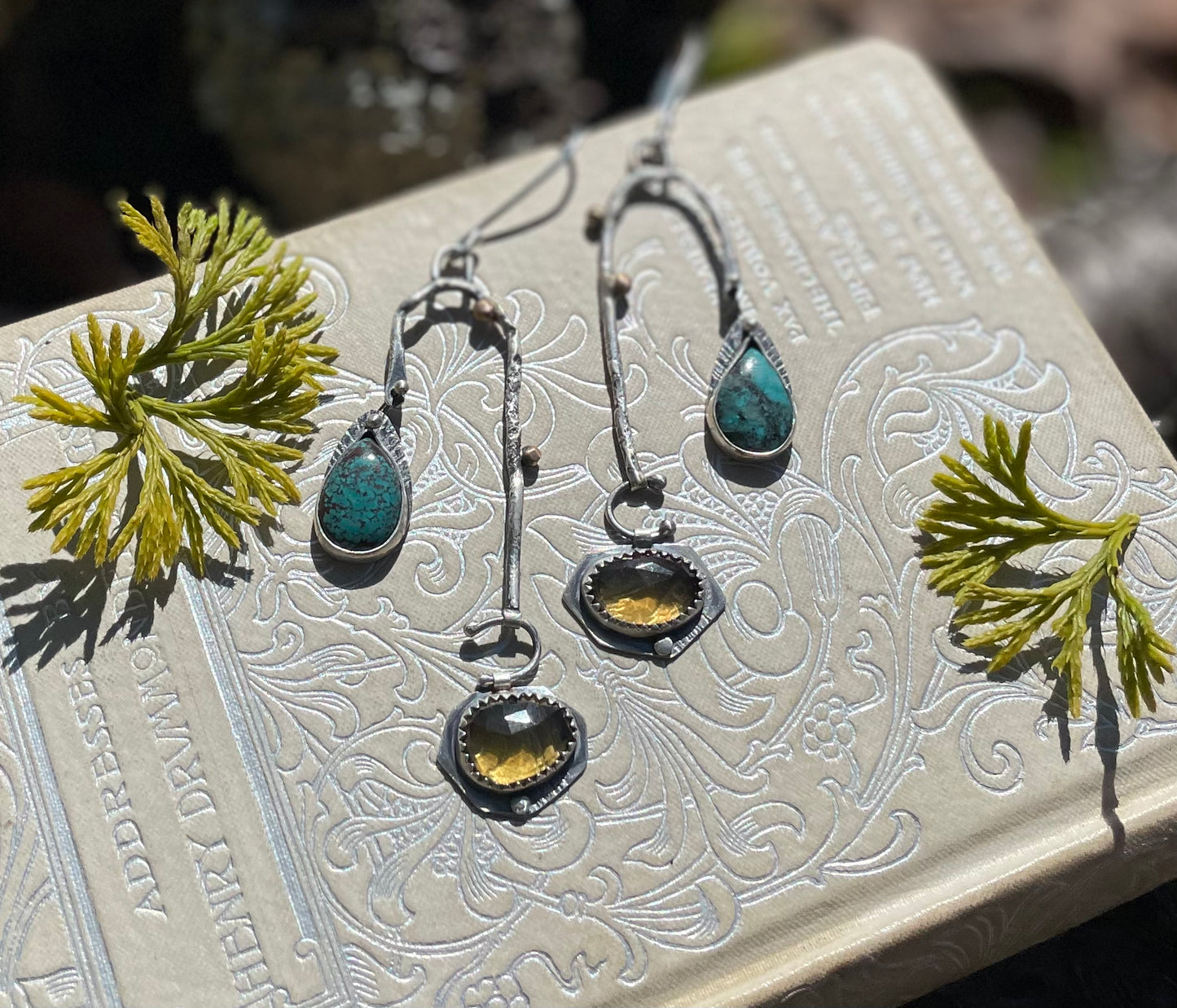 Turquoise and beer quartz organic asymmetrical earrings