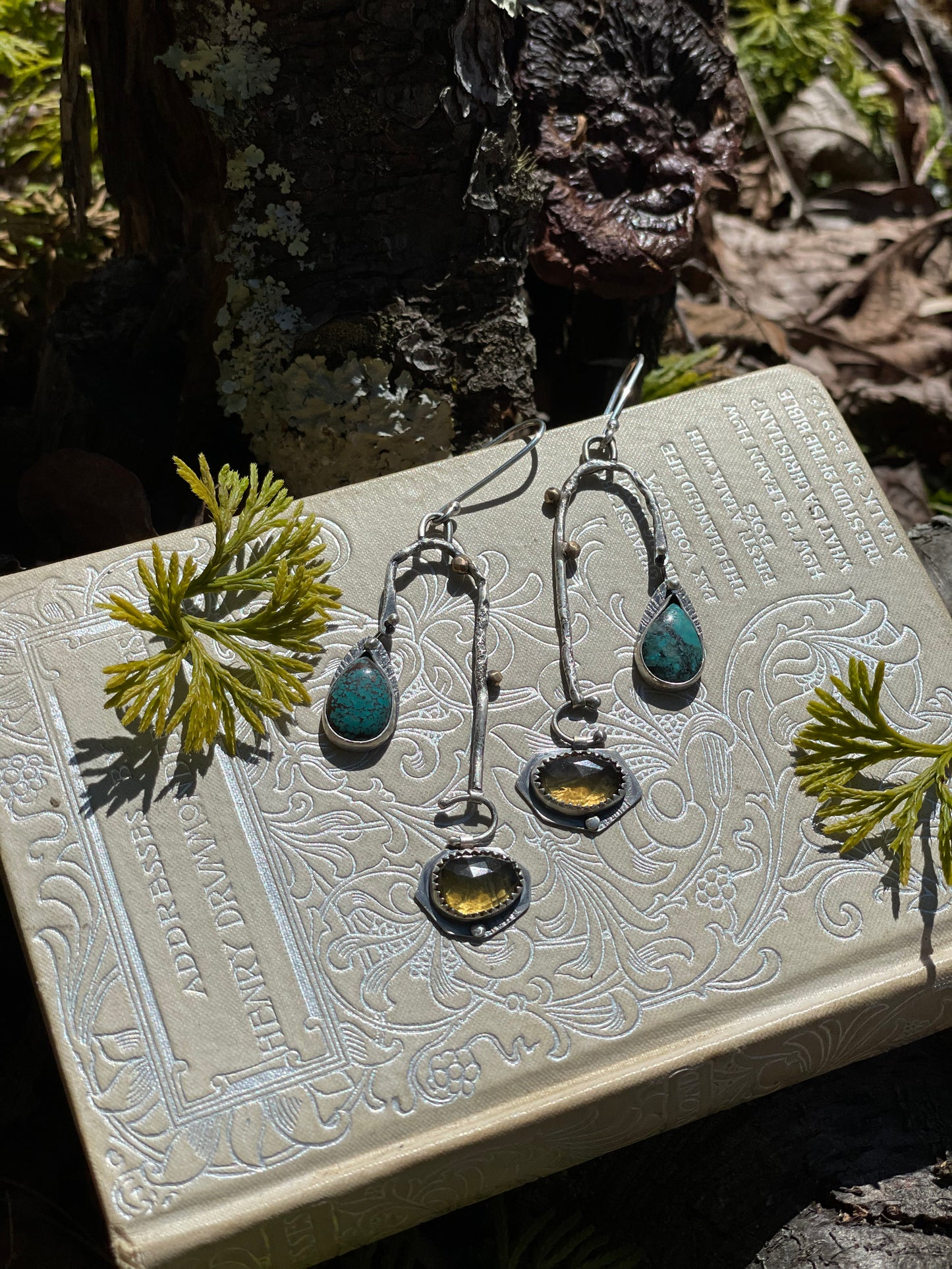 Turquoise and beer quartz organic asymmetrical earrings