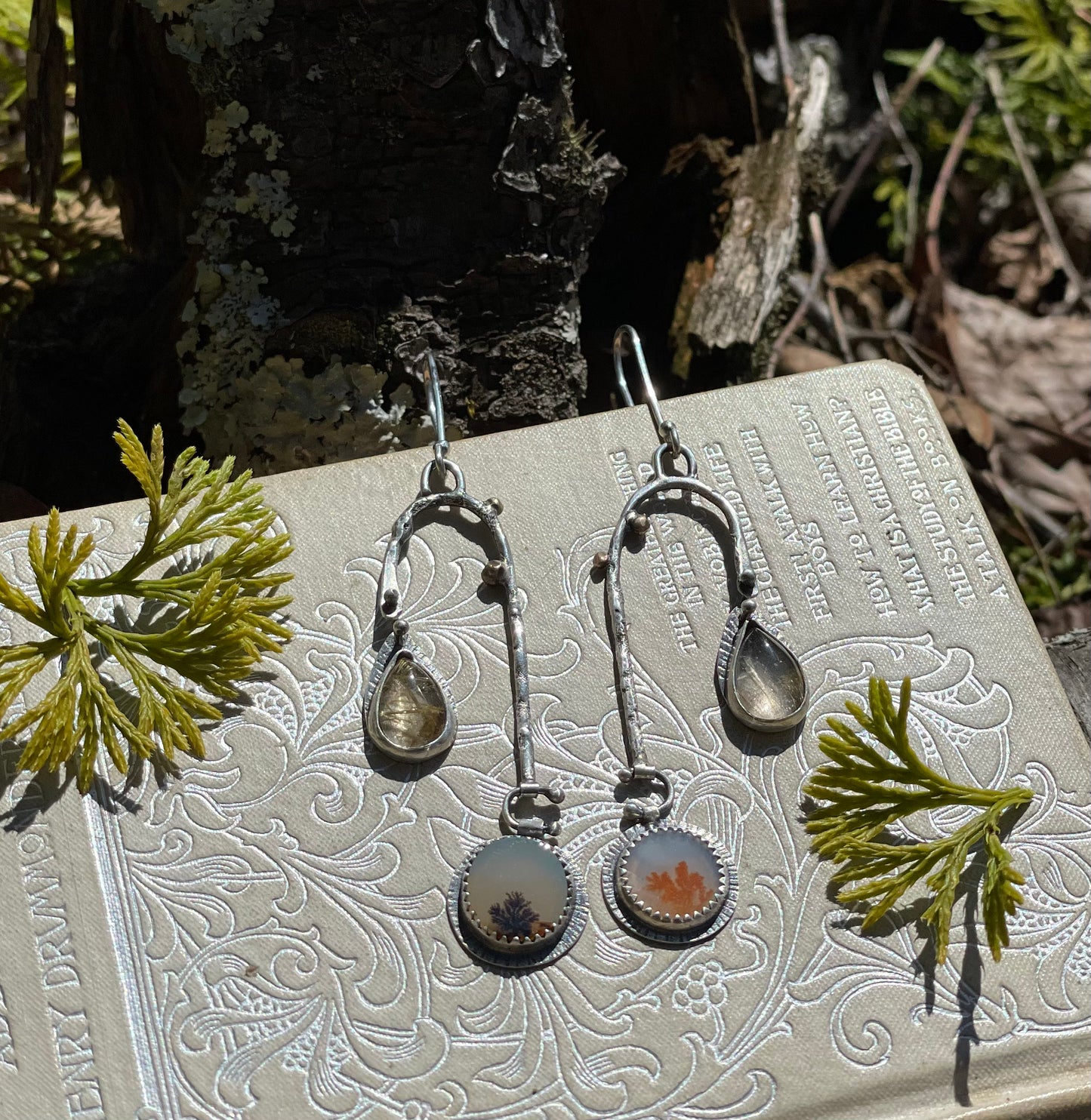 Scenic agate and golden rutile organic asymmetrical dangle earrings