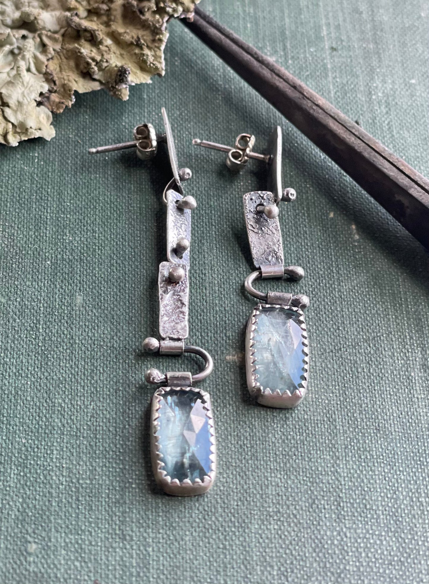 Aqua Kyanite asymmetrical raw- sterling silver earrings