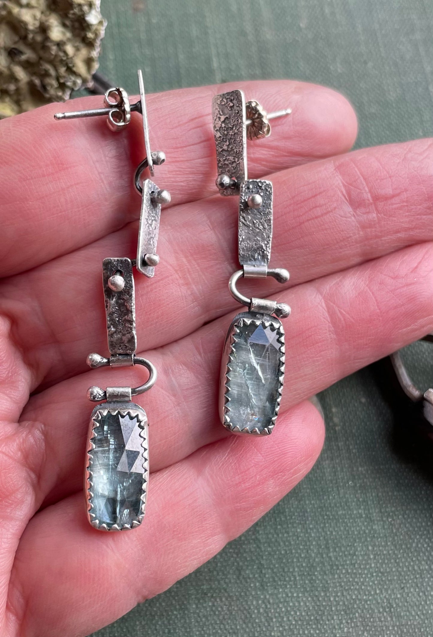 Aqua Kyanite asymmetrical raw- sterling silver earrings