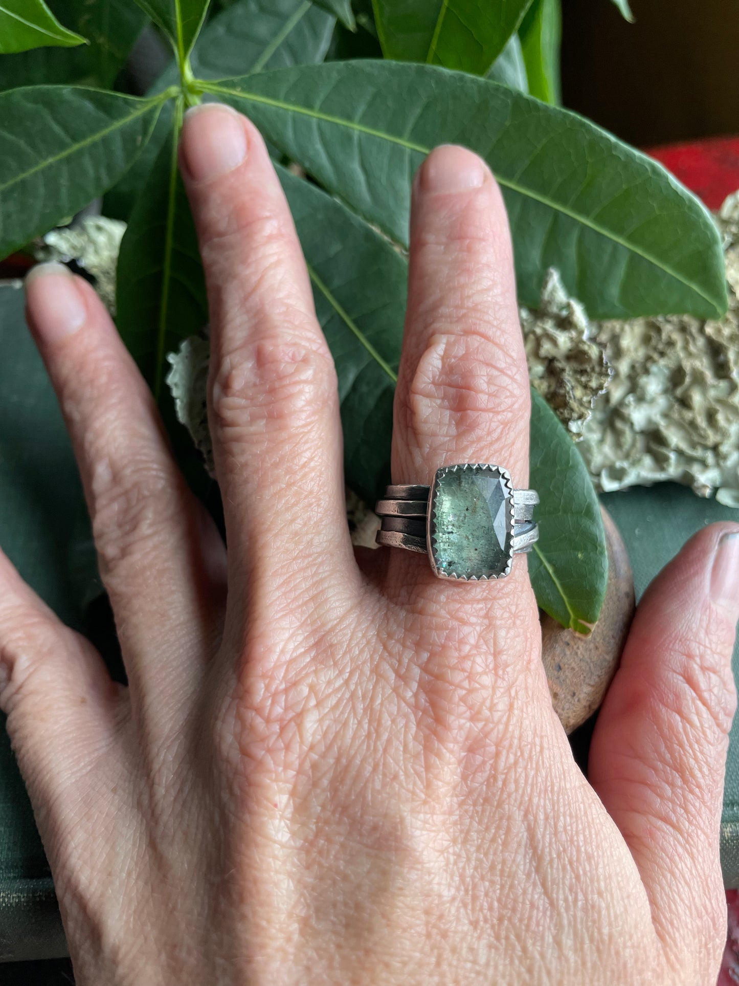 Green kyanite wound up ring size