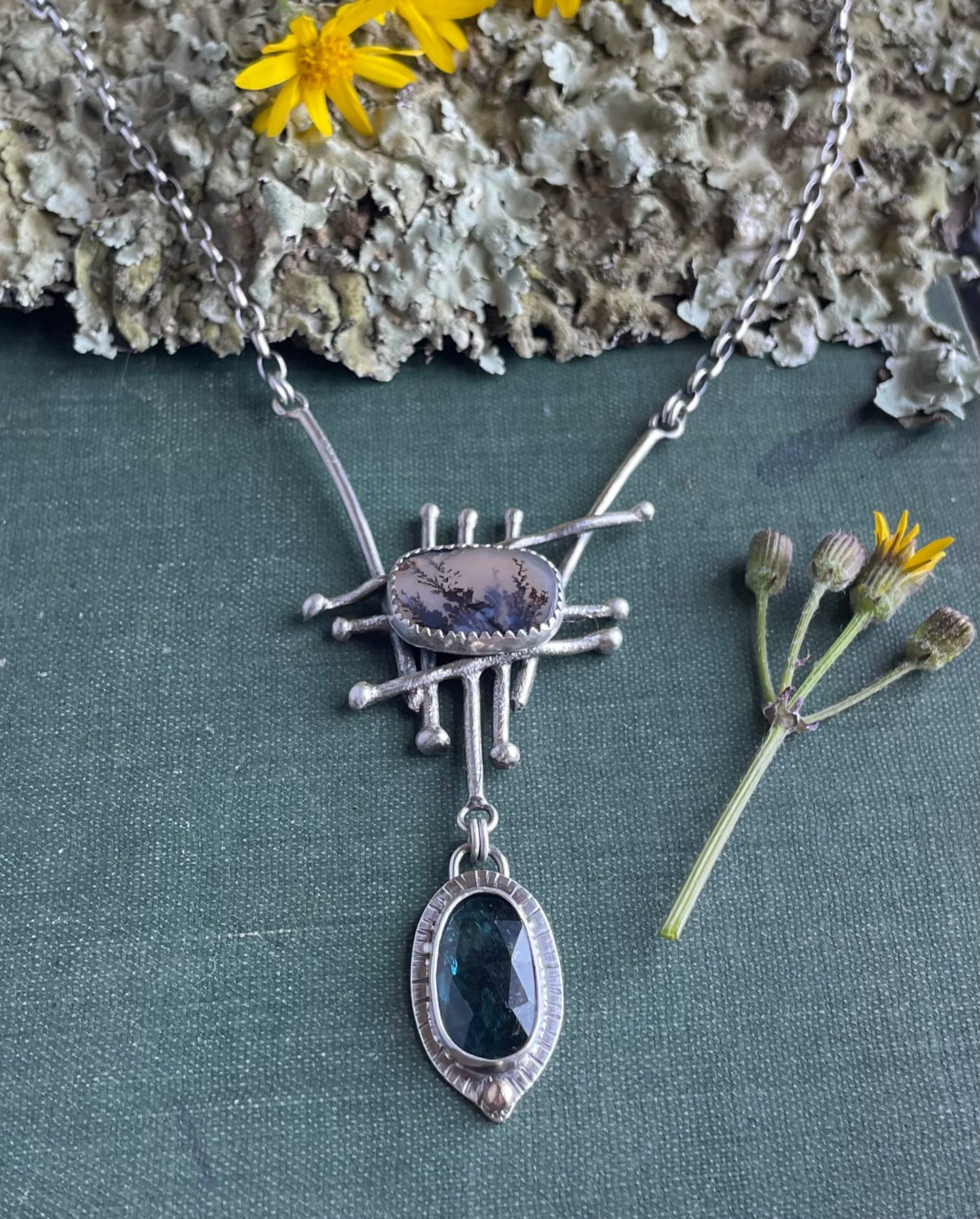 Scenic agate and dark kyanite organic necklace